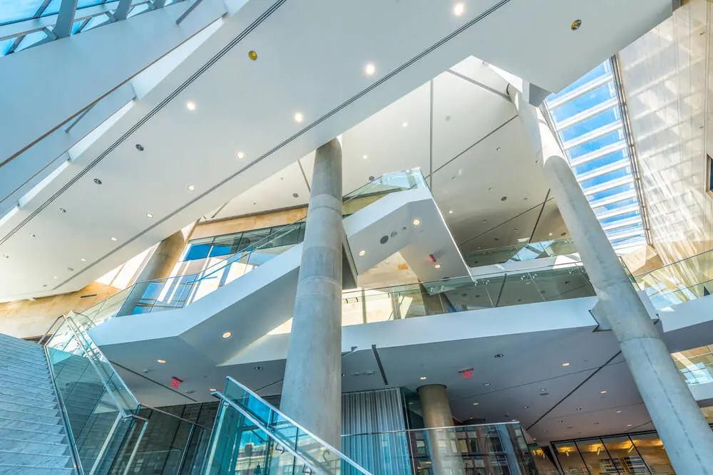 Inside of a public building - lobby with stairs.